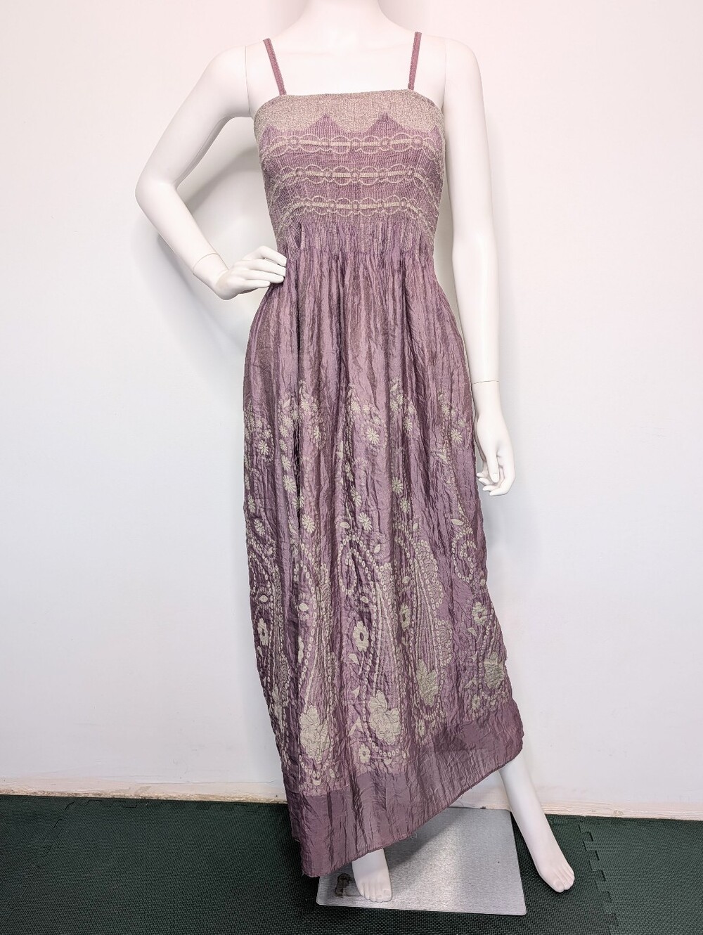 Dusty Lavender Purple & Light Grey Satiny Shirred Paisley Floral Tube Maxi Dress